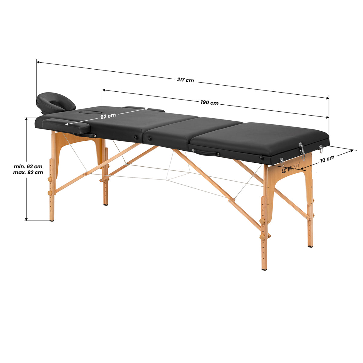 MASSAGELIEGE AUS HOLZ KLAPPBAR KOMFORT ACTIVFIZJO LUX 3-SEKTIONEN 190X70 SCHWARZ