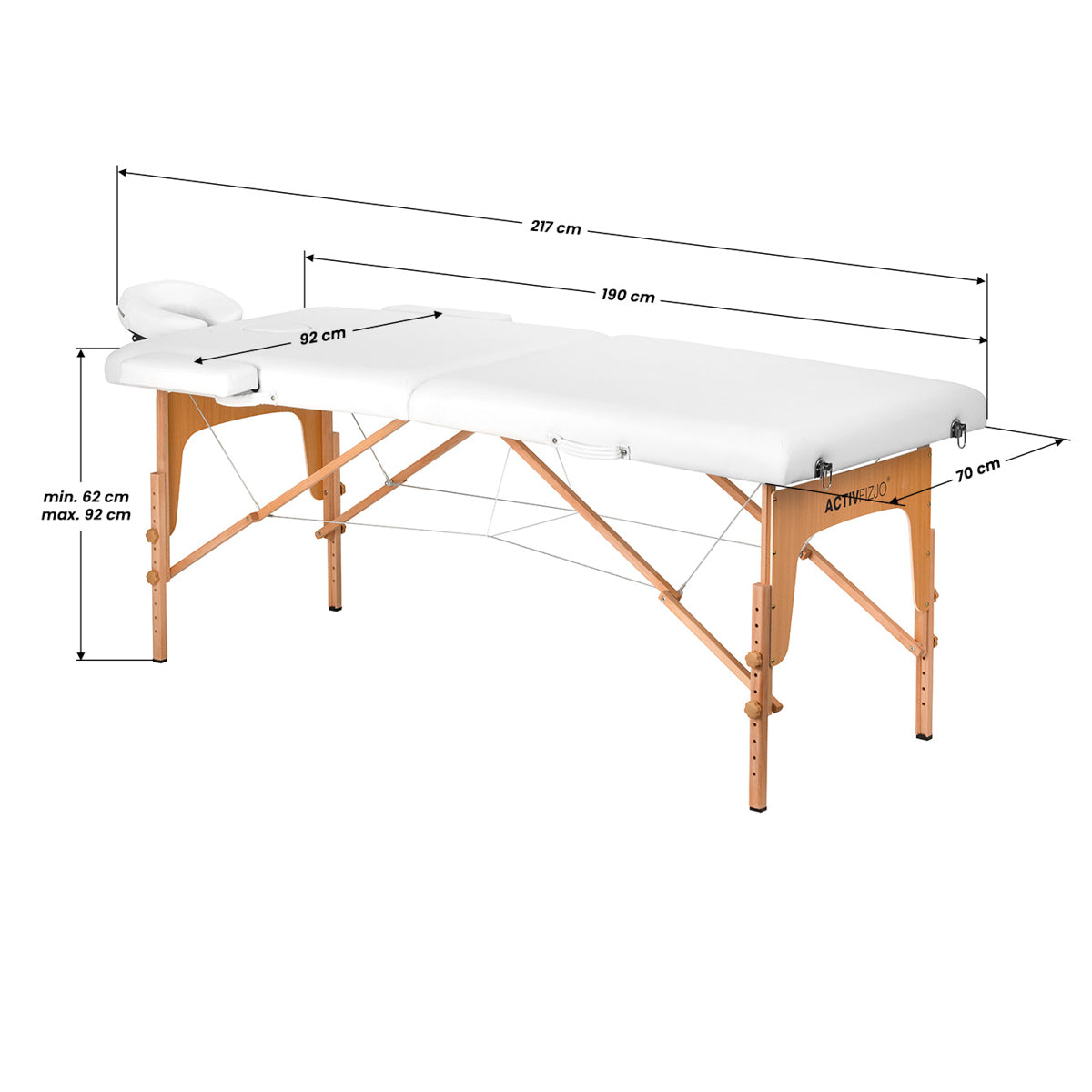 MASSAGELIEGE AUS HOLZ KLAPPBAR COMFORT ACTIV FIZJO LUX 2-SEKTIONEN 190X70 WEISS